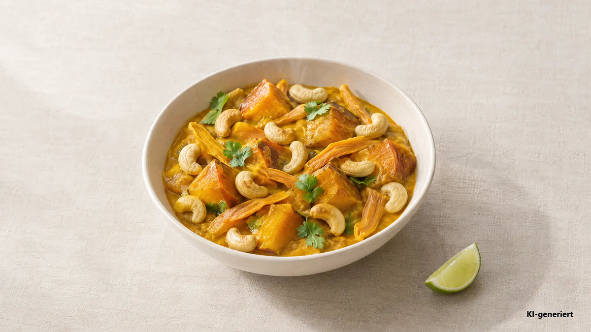 KI-generiertes Bild: Kürbis-Curry mit Kokosmilch in einer Schale, obenauf geröstete Cashewkerne und Mangostreifen