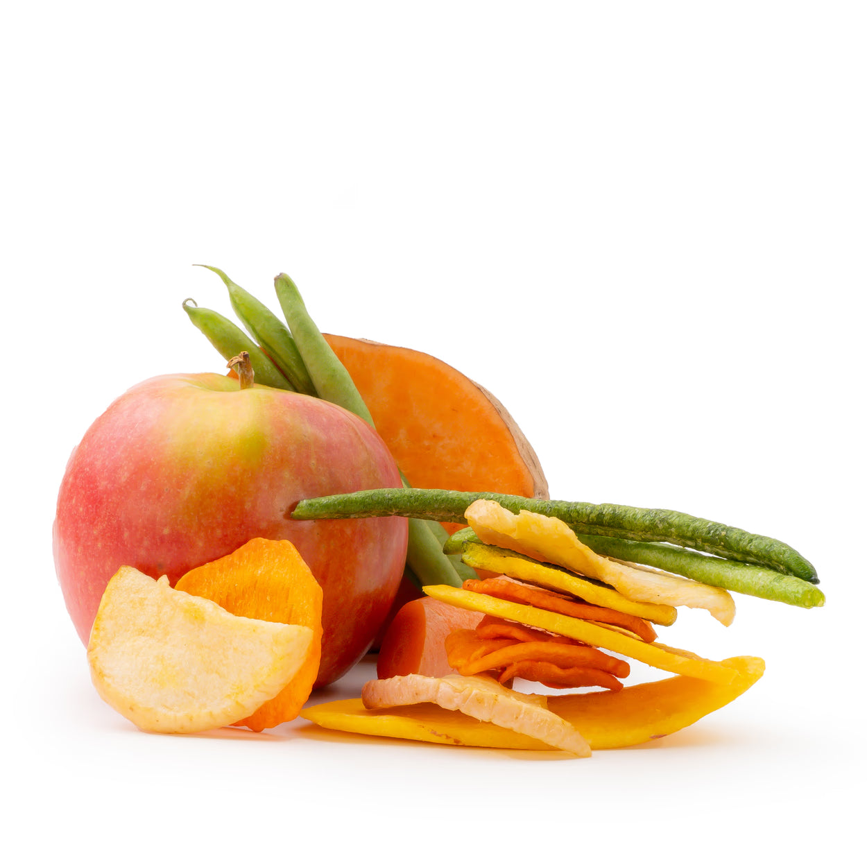 Fruchtige Gemüsechips von Snackberries – Mischung aus Süßkartoffel, Apfel, Bohnen, Karotte, Kürbis und Pfirsich