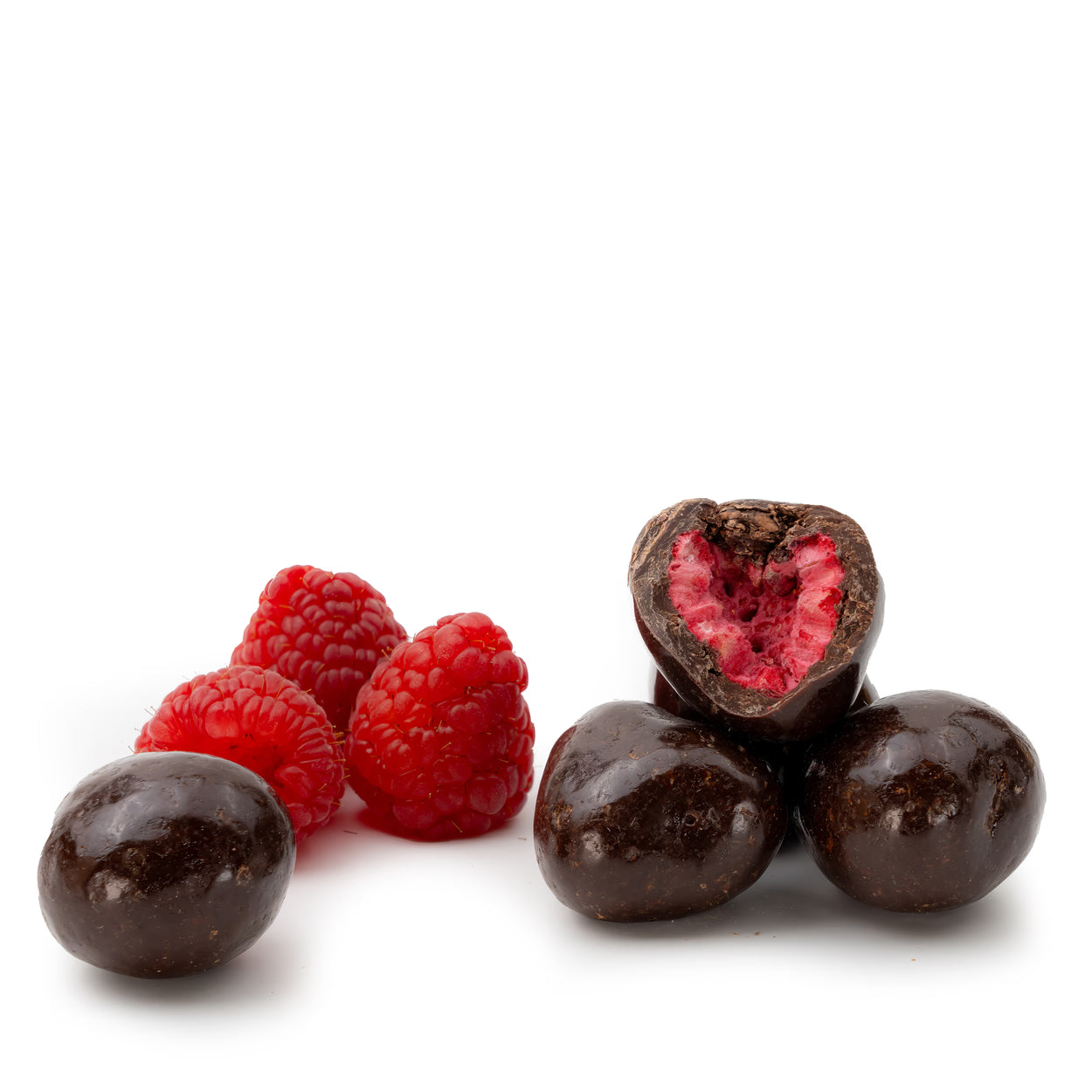 Gefriergetrocknete Himbeeren in Zartbitterschokolade von Snackberries – Himbeeren mit Zartbitterschokolade