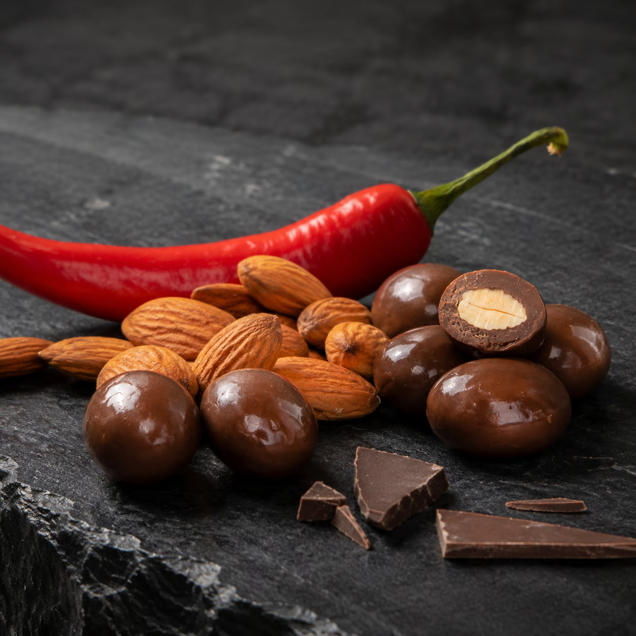 Mandelkerne in Vollmilchschokolade Chili