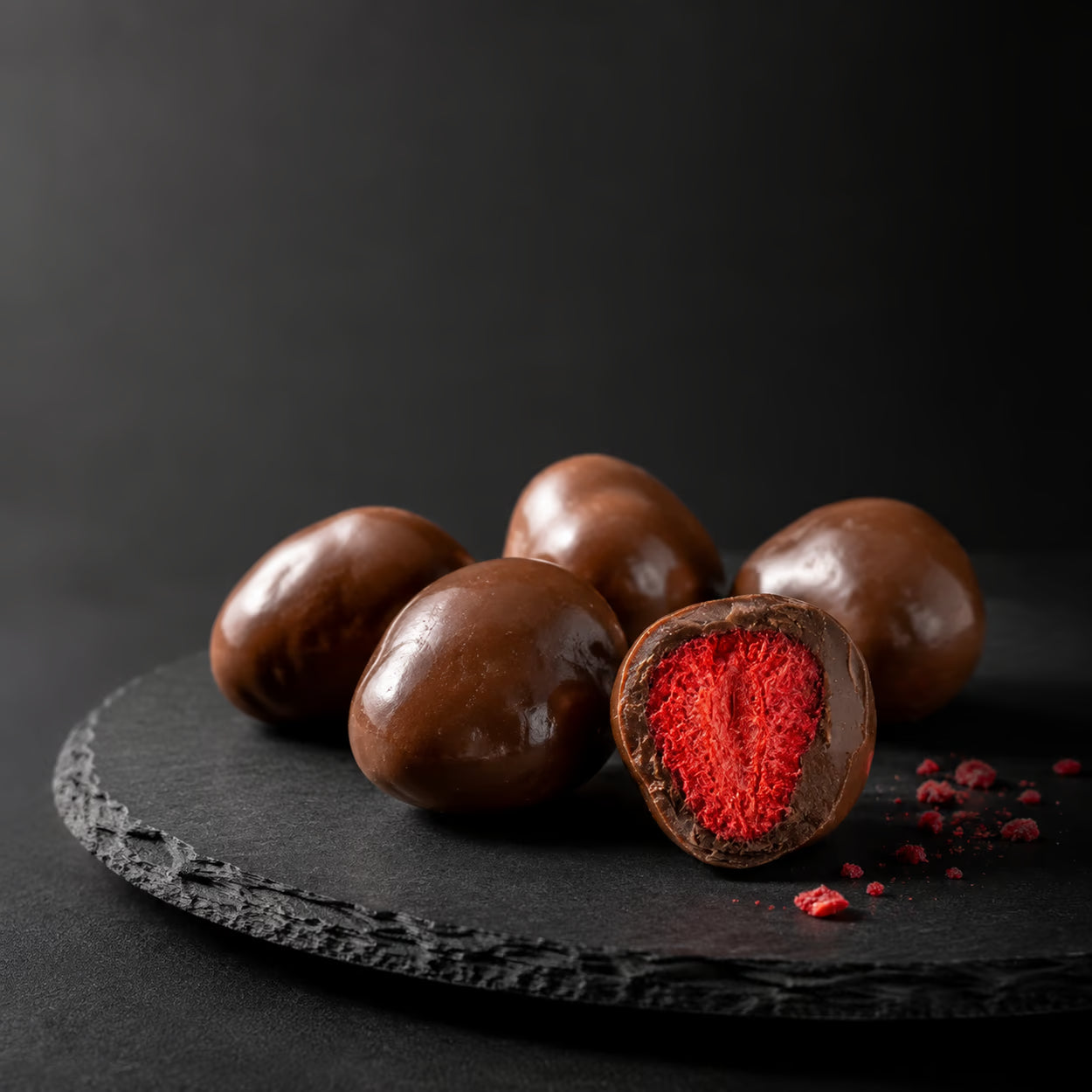 Gefriergetrocknete Erdbeeren in Vollmilchschokolade