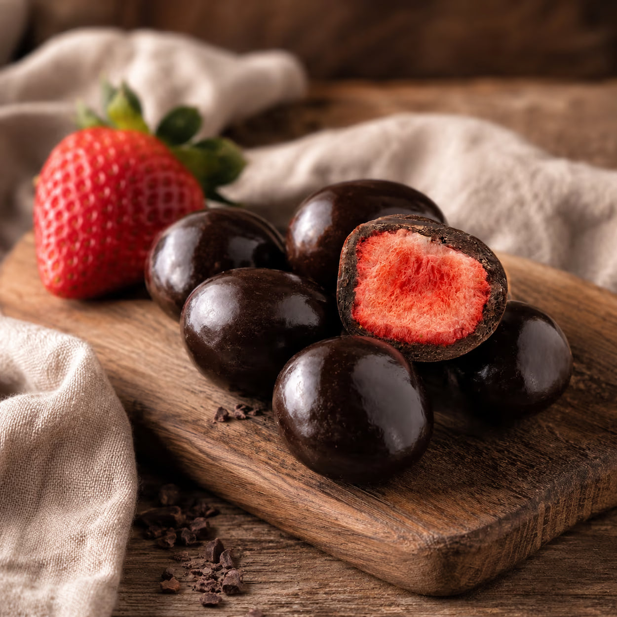 Gefriergetrocknete Erdbeeren in Zartbitterschokolade