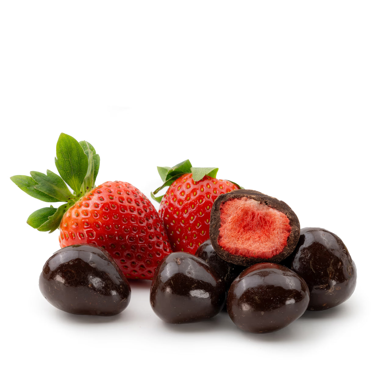 Gefriergetrocknete Erdbeeren in Zartbitterschokolade von Snackberries – Erdbeeren mit Zartbitterschokolade