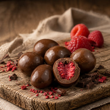 Translation missing: de.Gefriergetrocknete Himbeeren in Vollmilchschokolade