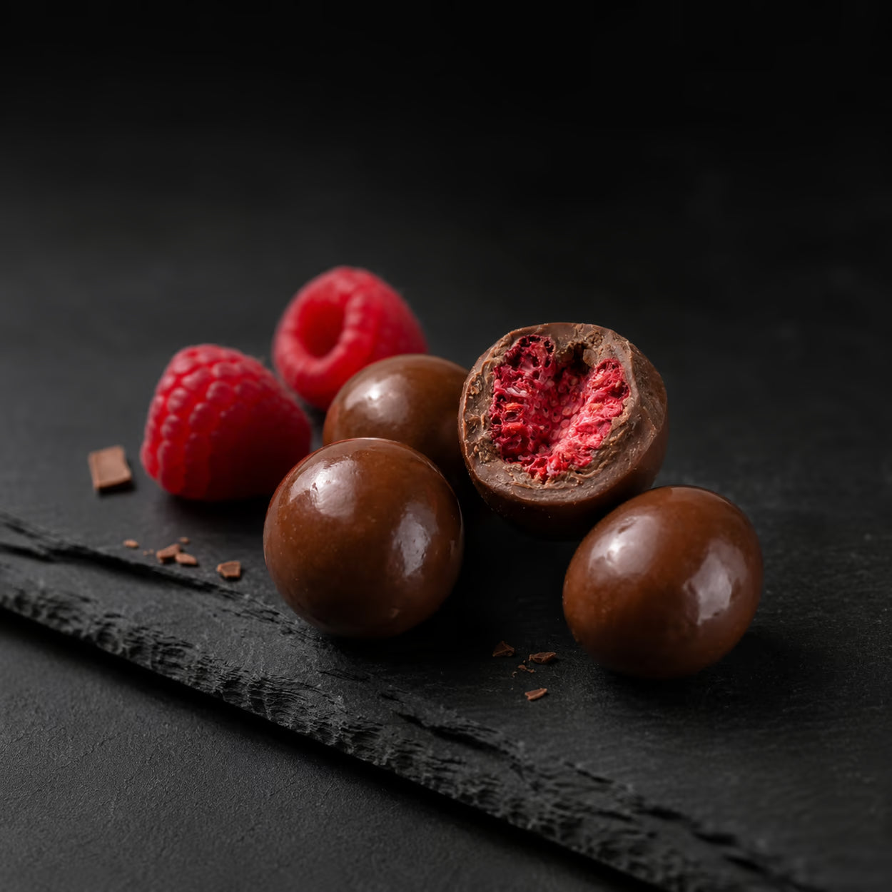 Gefriergetrocknete Himbeeren in Vollmilchschokolade