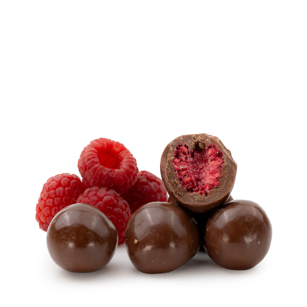 Gefriergetrocknete Himbeeren in Vollmilchschokolade von Snackberries – Himbeeren mit Vollmilchschokolade