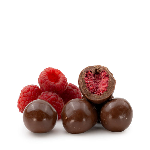 Gefriergetrocknete Himbeeren in Vollmilchschokolade von Snackberries – Himbeeren mit Vollmilchschokolade