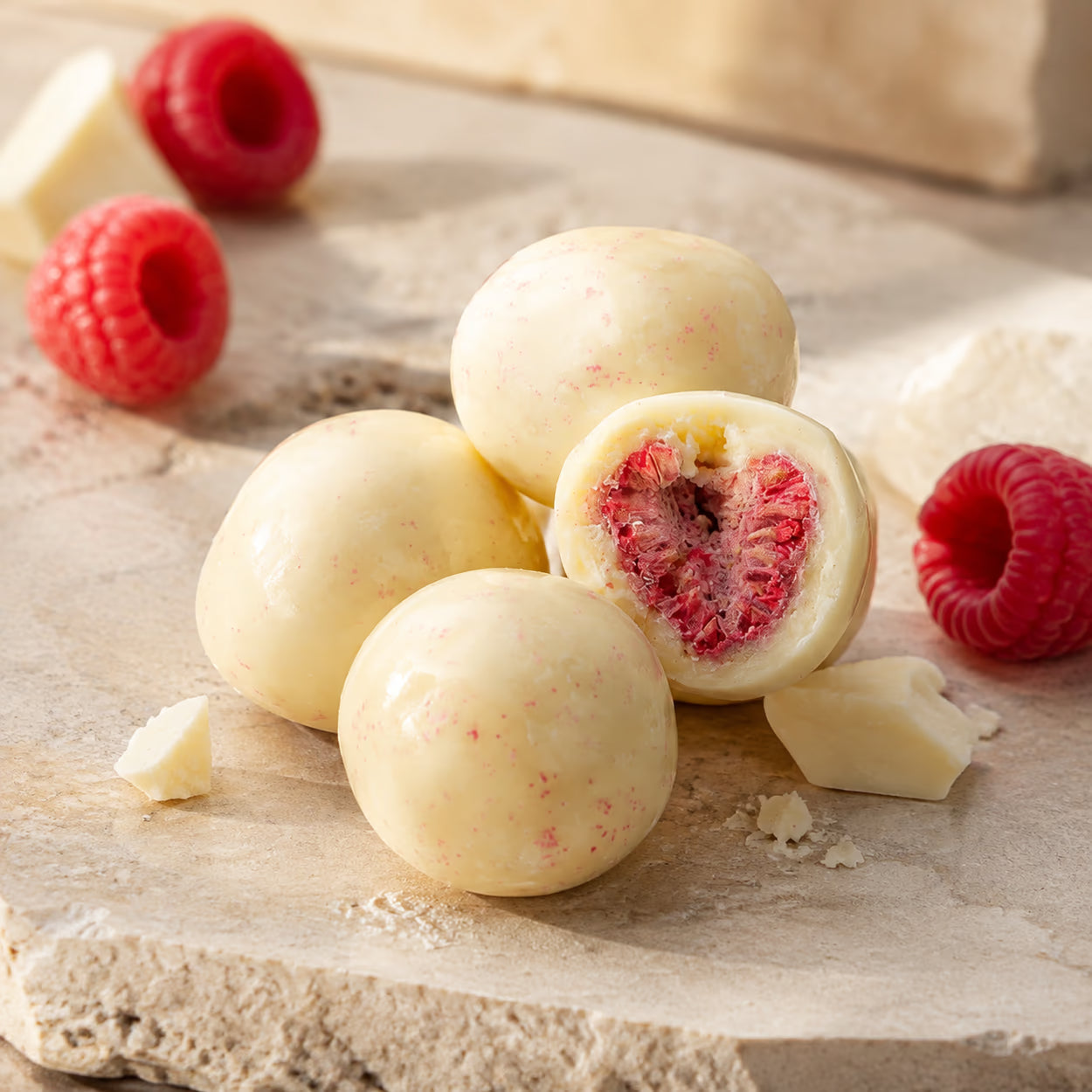 Gefriergetrocknete Himbeeren in weißer Schokolade