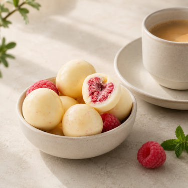 Translation missing: de.Gefriergetrocknete Himbeeren in weißer Schokolade