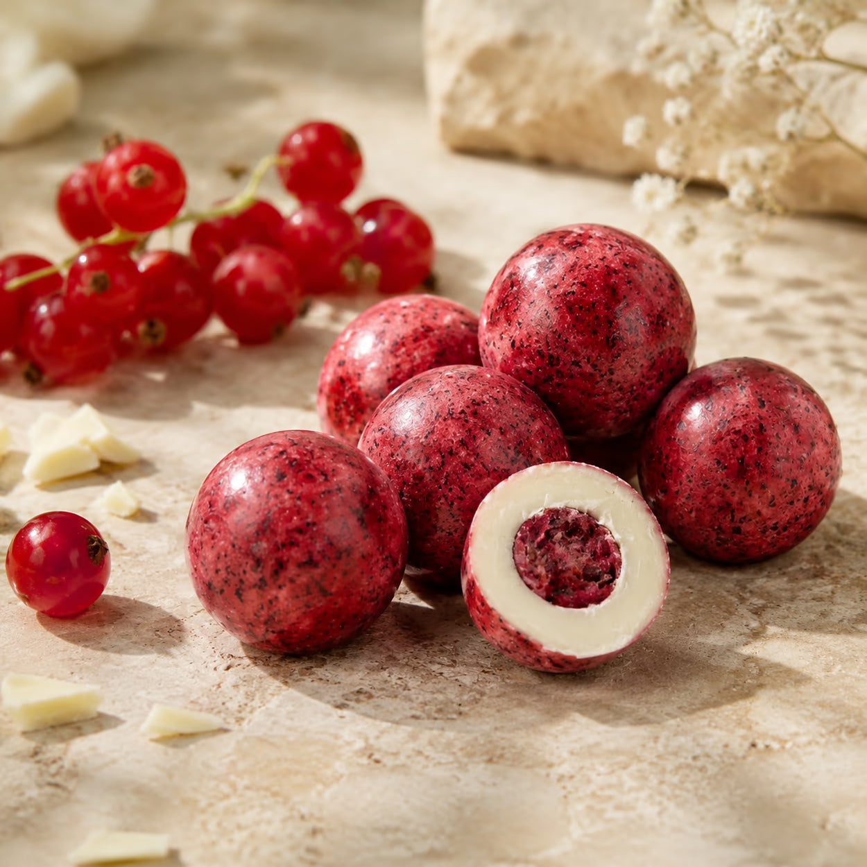 Gefriergetrocknete Johannisbeeren in weißer Schokolade