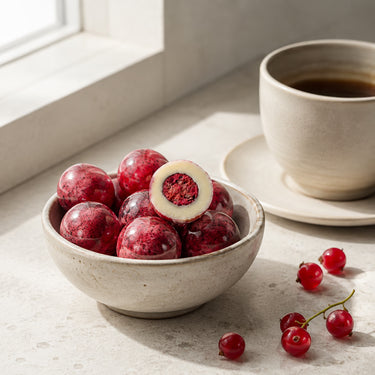 Translation missing: de.Gefriergetrocknete Johannisbeeren in weißer Schokolade