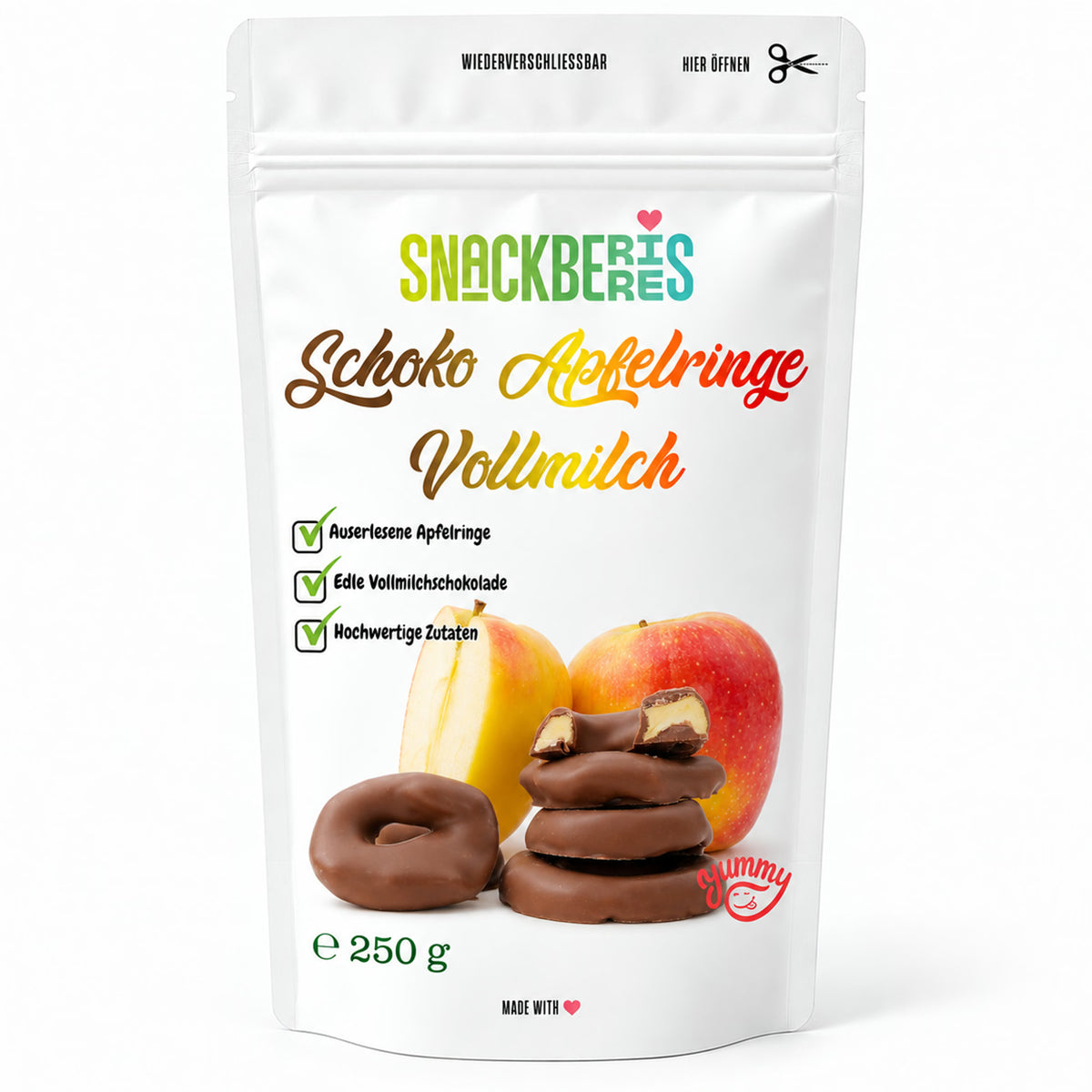 Apfelringe in Vollmilchschokolade – Verpackung