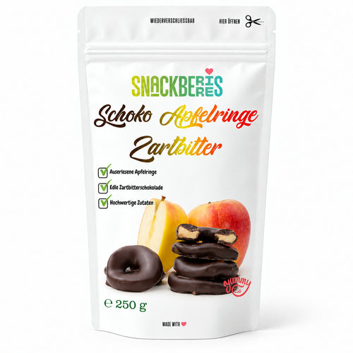 Apfelringe in Zartbitterschokolade – Verpackung