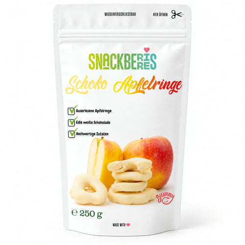 Apfelringe in weißer Schokolade – Verpackung