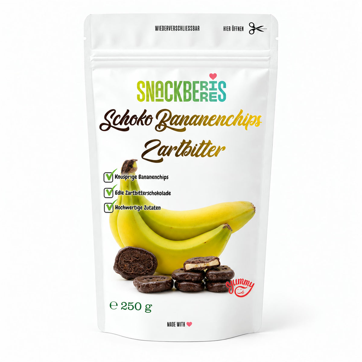 Bananenchips in Zartbitterschokolade – Verpackung