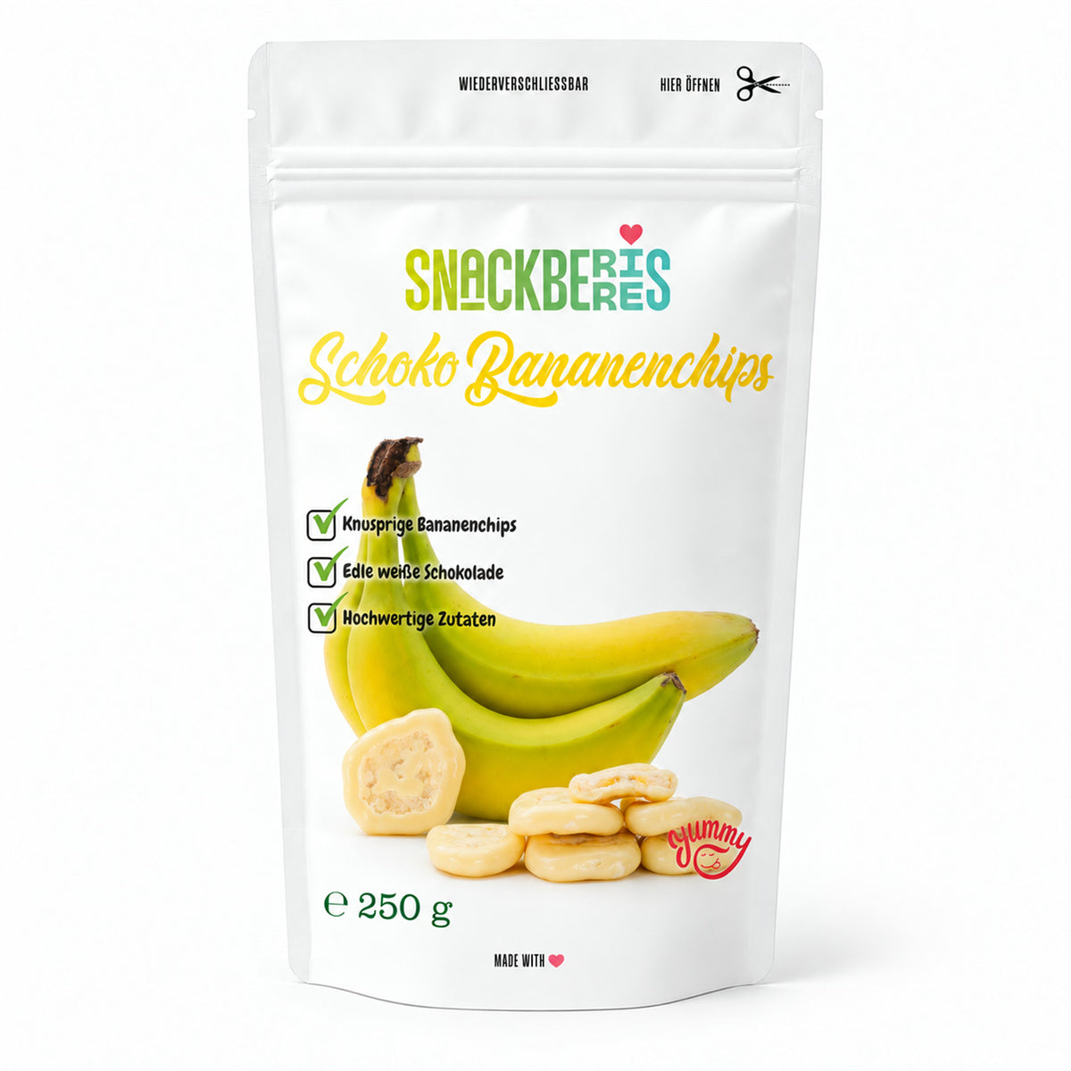 Bananenchips in weißer Schokolade – Verpackung