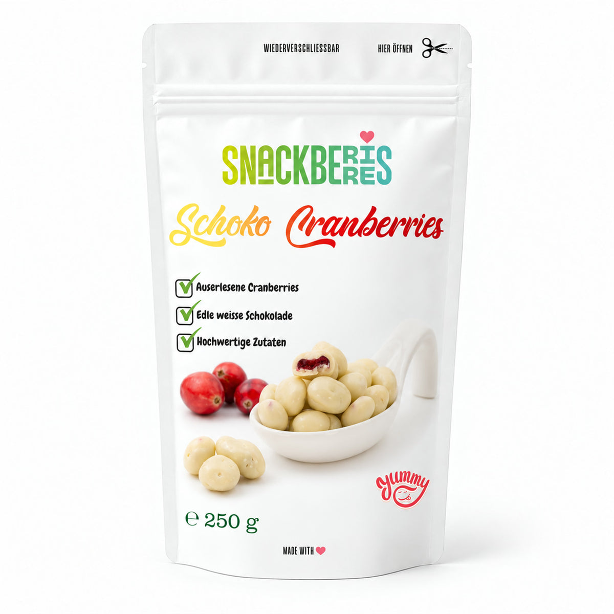 Cranberries in weißer Schokolade – Verpackung