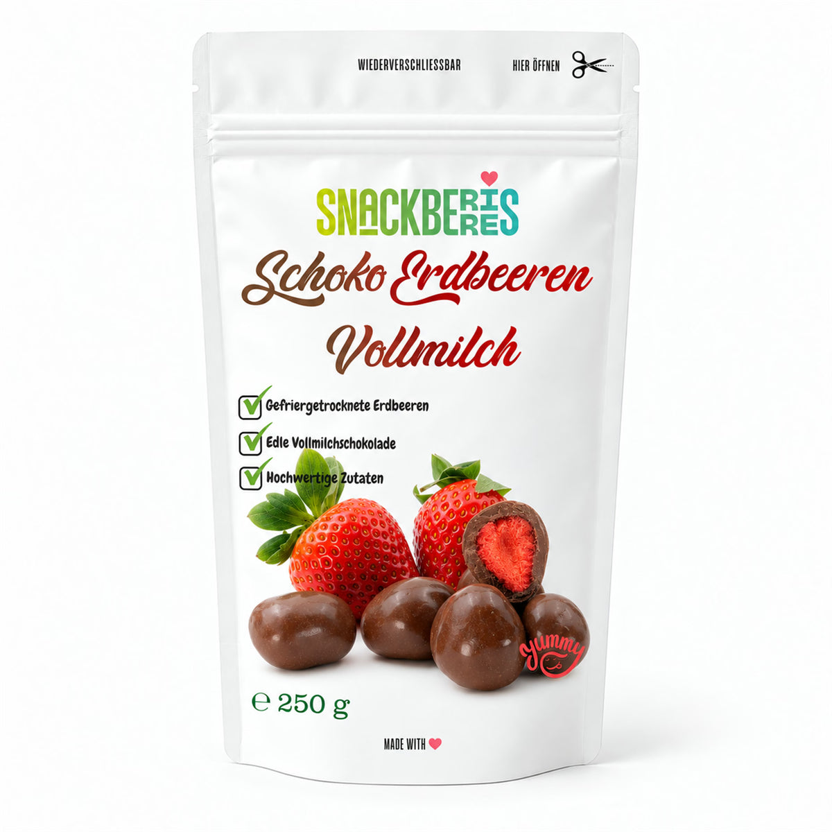 Gefriergetrocknete Erdbeeren in Vollmilchschokolade – Verpackung