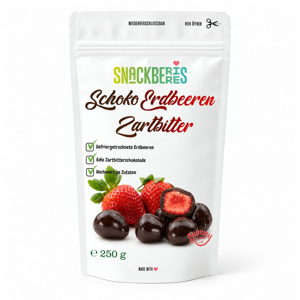 Gefriergetrocknete Erdbeeren in Zartbitterschokolade – Verpackung