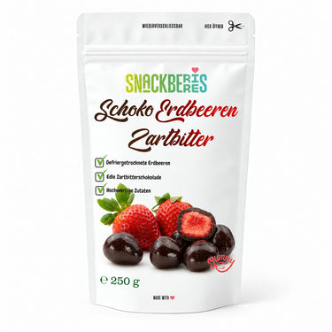 Translation missing: de.Gefriergetrocknete Erdbeeren in Zartbitterschokolade – Verpackung