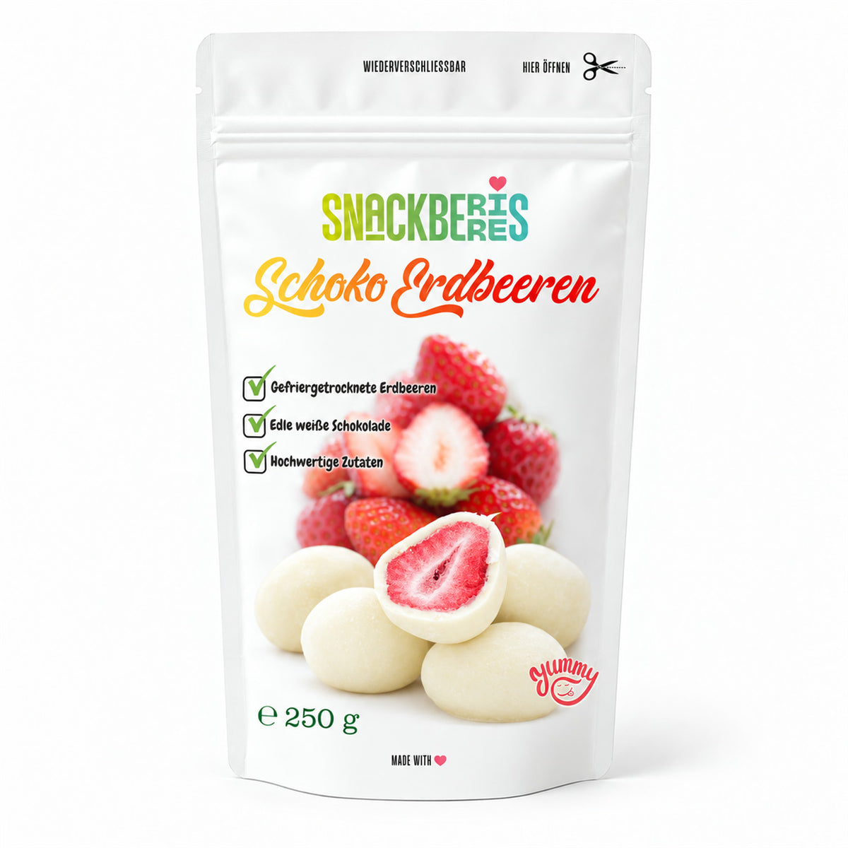 Gefriergetrocknete Erdbeeren in weißer Schokolade – Verpackung