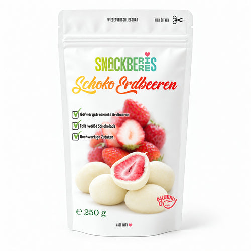 Gefriergetrocknete Erdbeeren in weißer Schokolade – Verpackung