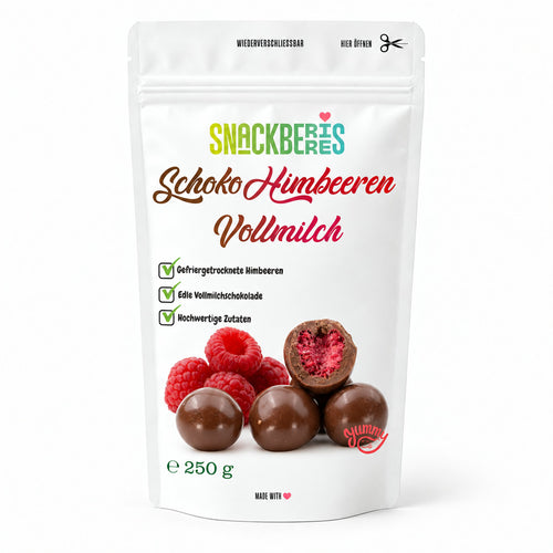 Gefriergetrocknete Himbeeren in Vollmilchschokolade – Verpackung