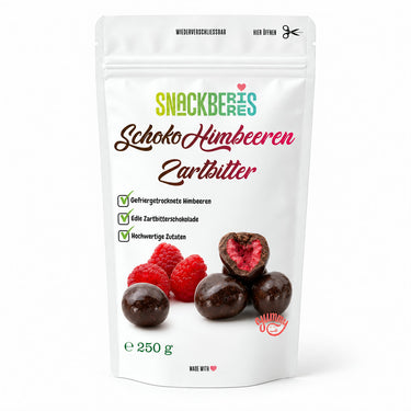 Translation missing: de.Gefriergetrocknete Himbeeren in Zartbitterschokolade – Verpackung