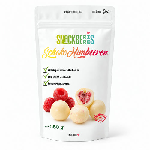 Gefriergetrocknete Himbeeren in weißer Schokolade – Verpackung
