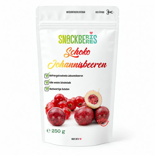 Gefriergetrocknete Johannisbeeren in weißer Schokolade – Verpackung