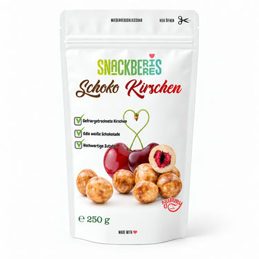 Translation missing: de.Gefriergetrocknete Süßkirschen in weißer Schokolade – Verpackung
