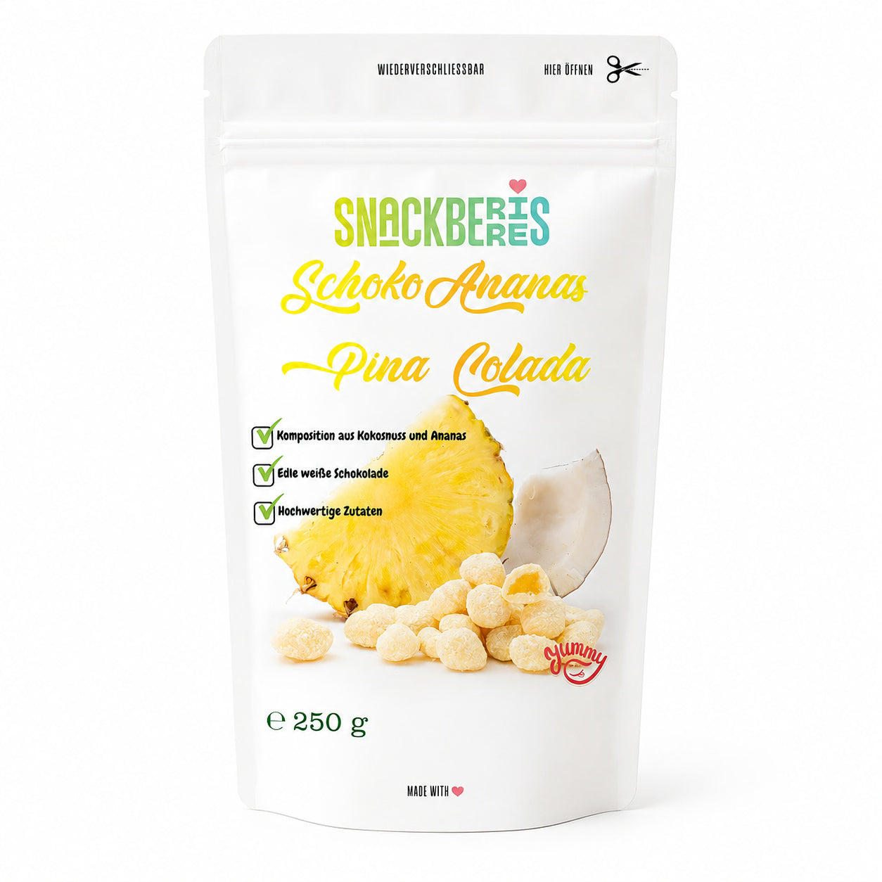 Ananasstücke in weißer Schokolade Pina Colada von Snackberries – getrocknete Ananas mit weißer Schokolade, Produktansicht 2
