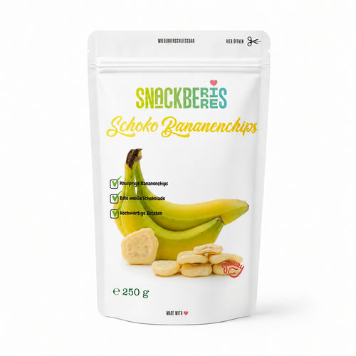 Bananenchips in weißer Schokolade von Snackberries – knusprige Bananenchips mit weißer Schokolade, Produktansicht 2