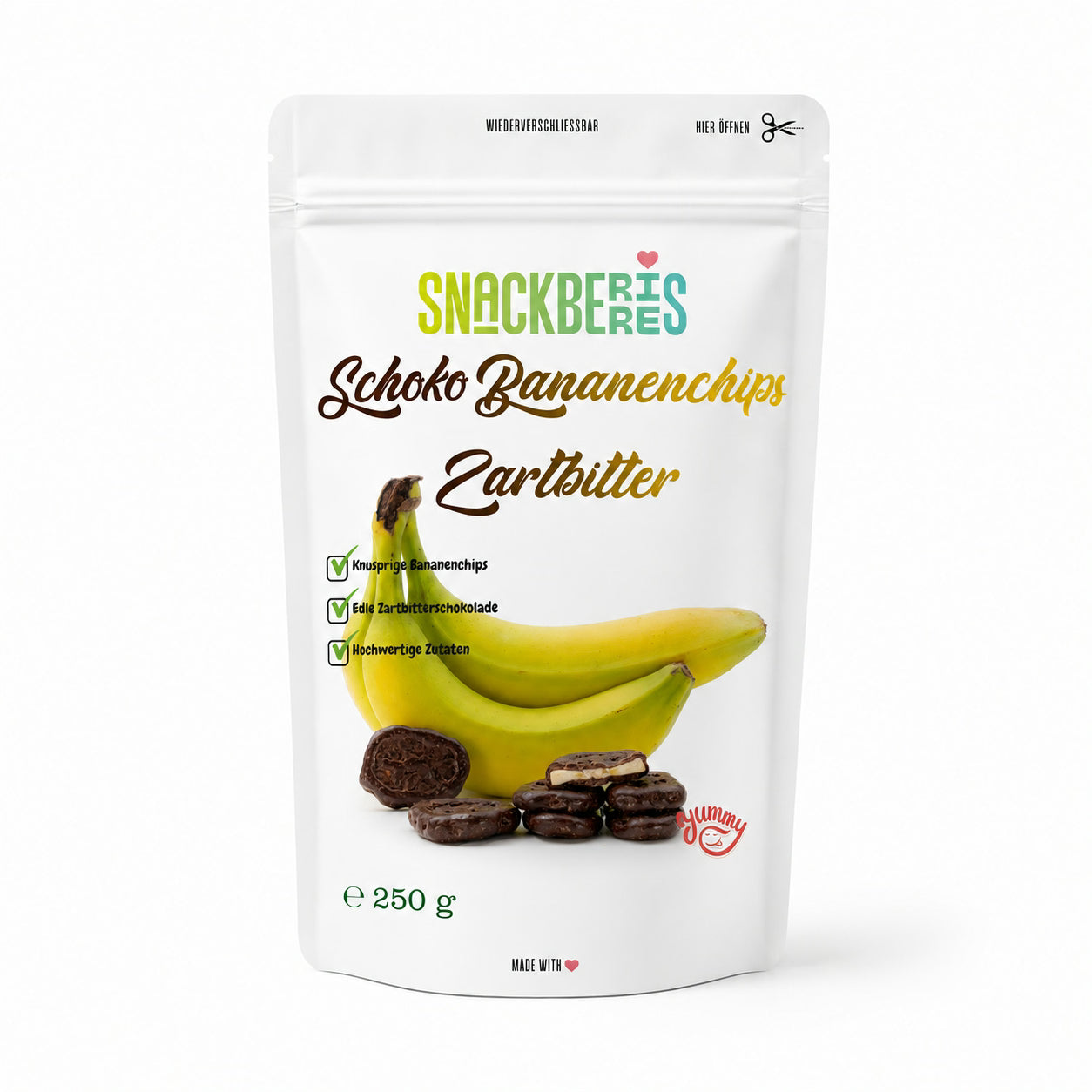 Bananenchips in Zartbitterschokolade von Snackberries – knusprige Bananenchips mit Zartbitterschokolade, Produktansicht 2