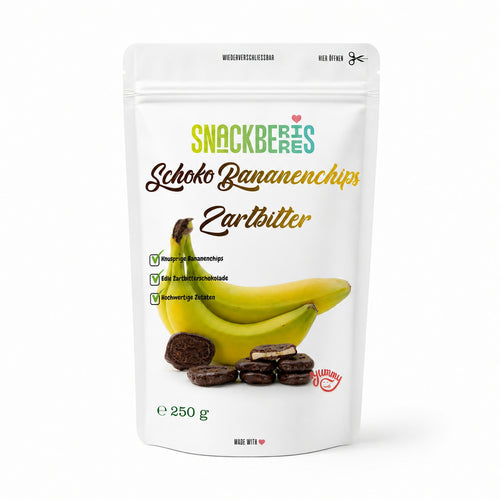 Bananenchips in Zartbitterschokolade von Snackberries – knusprige Bananenchips mit Zartbitterschokolade, Produktansicht 2