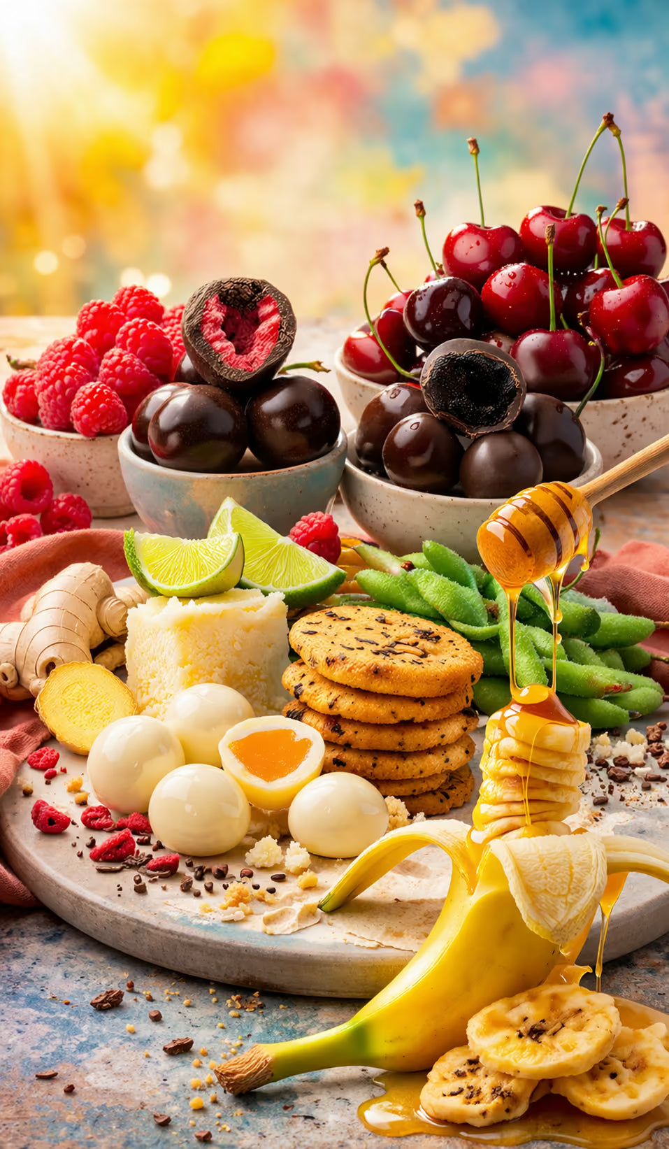 Auswahl an Snackberries-Produkten: schokolierte Kirschen und Himbeeren, Reiskekse, Edamame, Ingwer und Bananenchips mit Honig